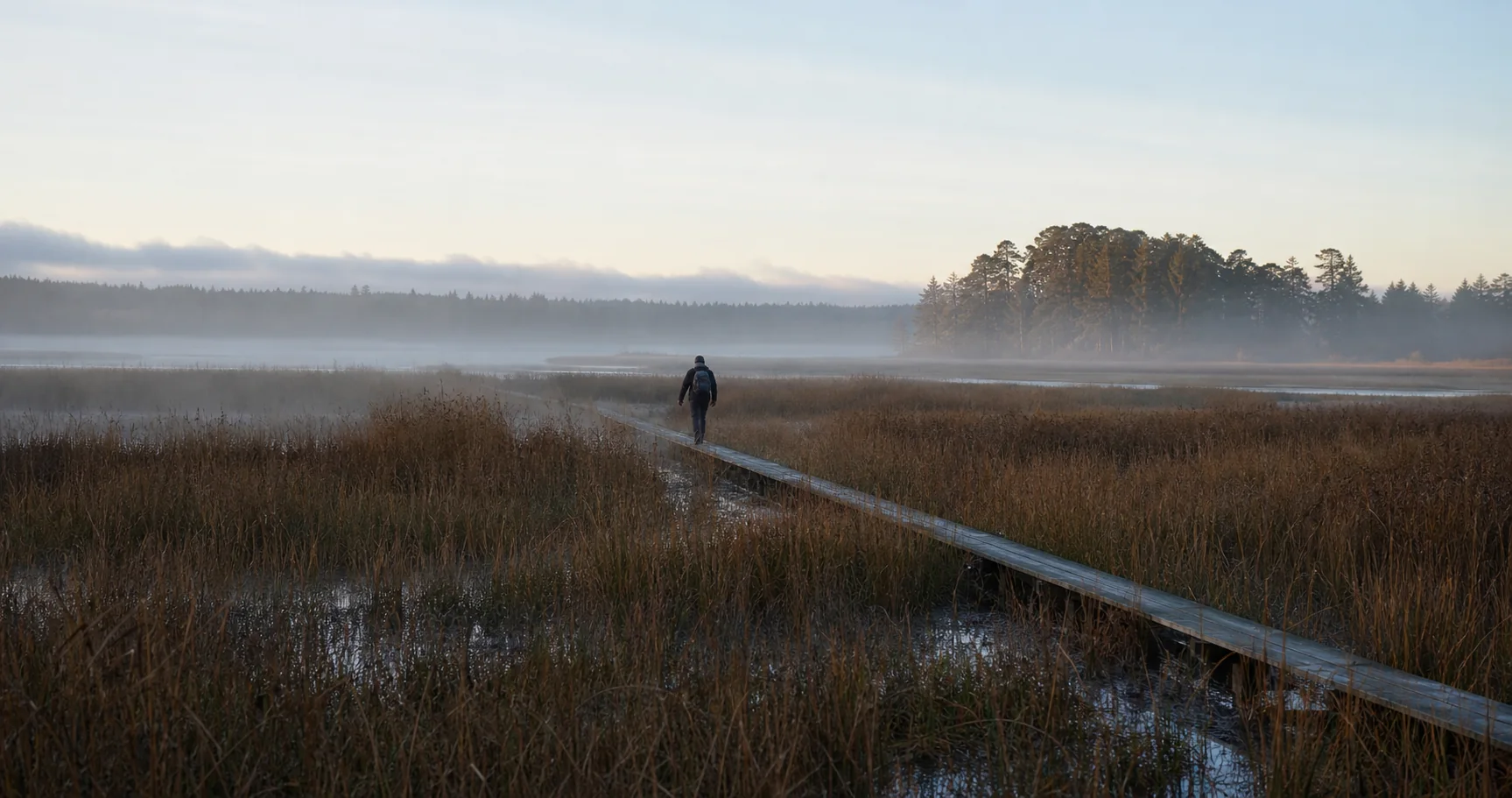 A lone field researcher follows a boardwalk across a wetland.